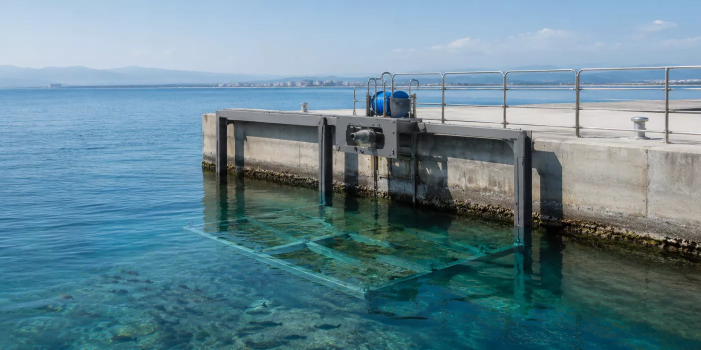 The HKUST pier with its underwater observation platform submerged in clear water
