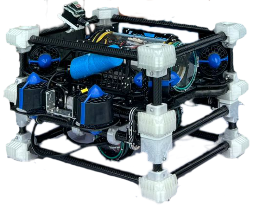 Mission-oriented AUV with a black modular frame, white corner joints and blue thrusters