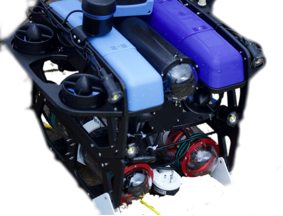 Blue sensor-equipped ROV with scanning sonar and an underwater camera payload
