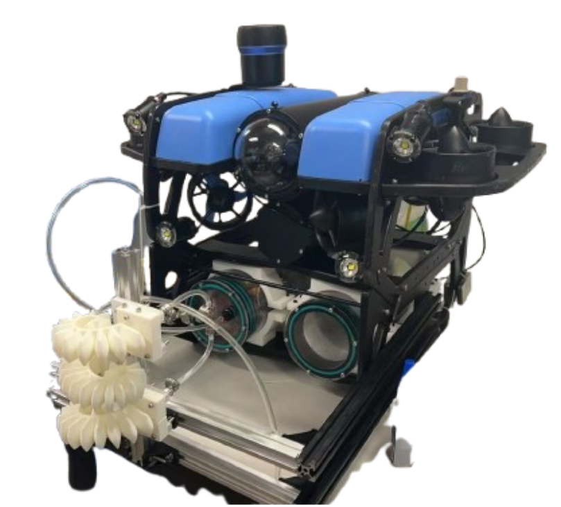 Compact blue ROV with an underwater sensing payload and a front-mounted soft gripper
